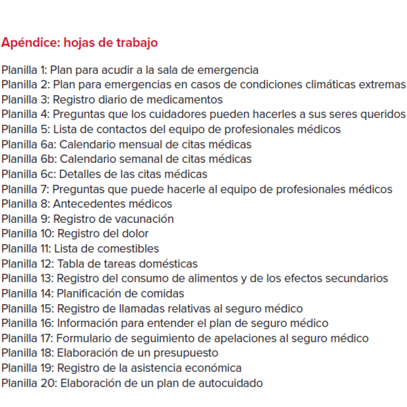 Hojas de trabajo del Manual del cuidador