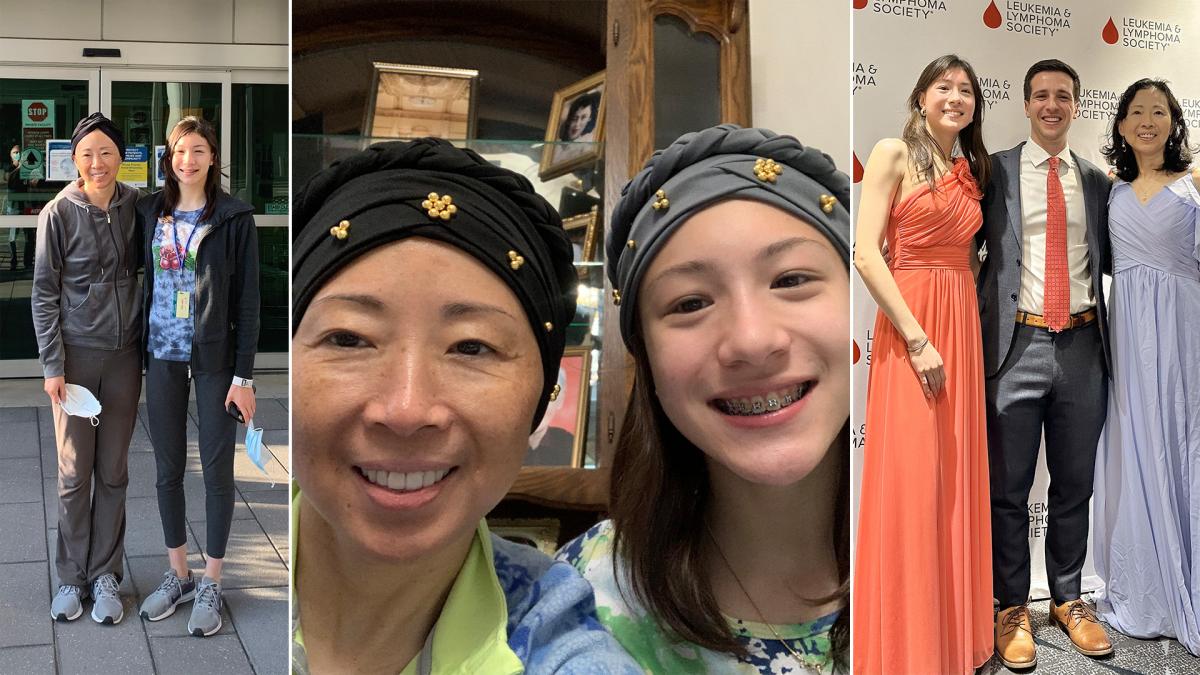 Three images of Chloe: smiling with her mom and at an LLS event, dressed up