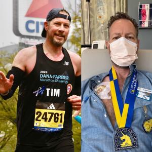 middle aged white man with beard and mustache shown in two photos one running a marathon one in the hospital wearing a mask