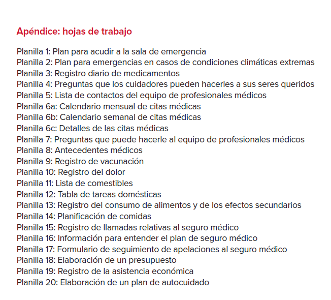 Hojas de trabajo del Manual del cuidador