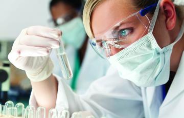 A researcher analyzes a specimen in a test tube.